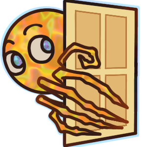 a face peeking behind a yellow door, and their elongated, distorted fingers wrapping around the edge of it. The person’s skin is vaguely multicolored, and the entire thing has blue tinted chromatic aberration applied around the edges.